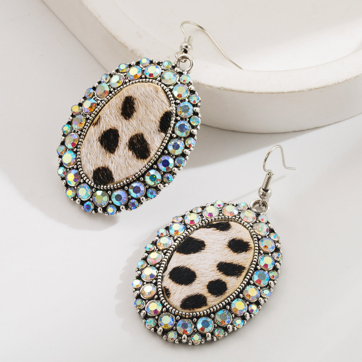 Wholesale white turquoise earrings retro exaggerated rhinestone leopard leather earrings